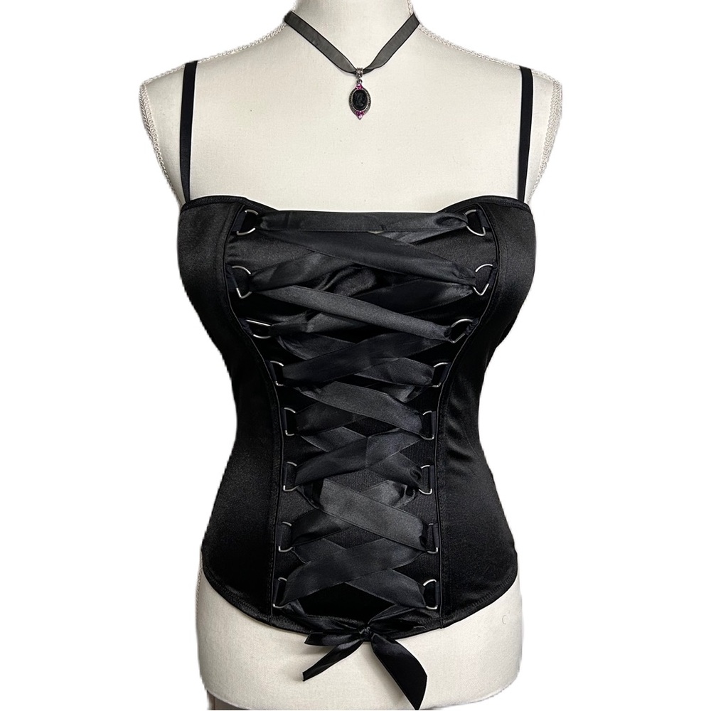 Spirit Bustier Corset Top Size L‎ Lace Up Black Satin Costume Budoir Pin Up NWT